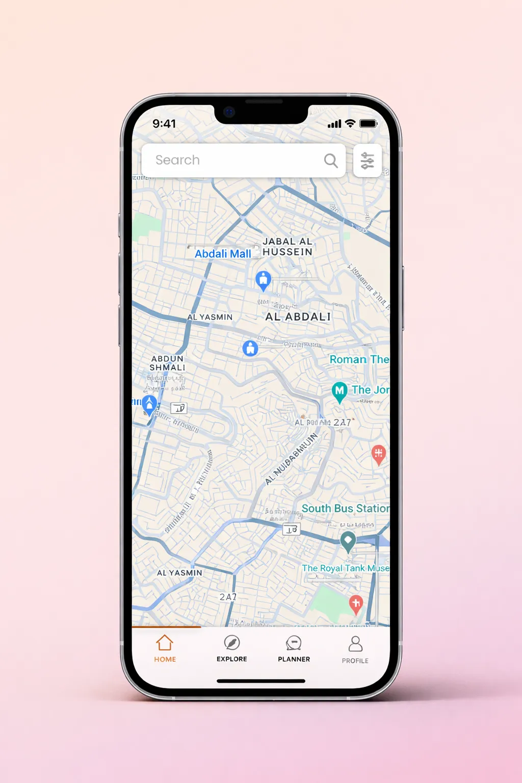 Explore Jordan App - Mapbox map with place filters