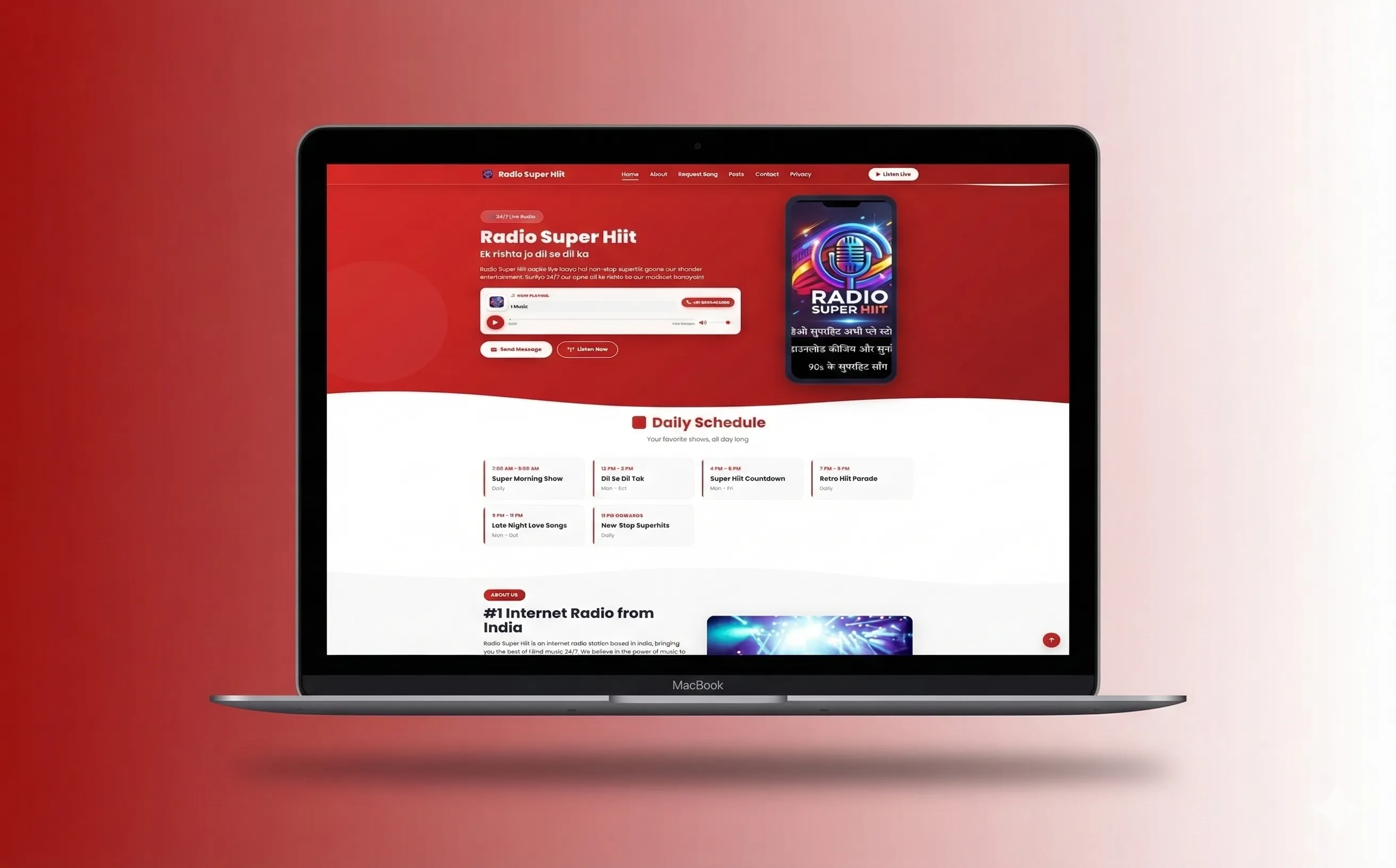 Radio Super Hiit - Homepage with hero and live player